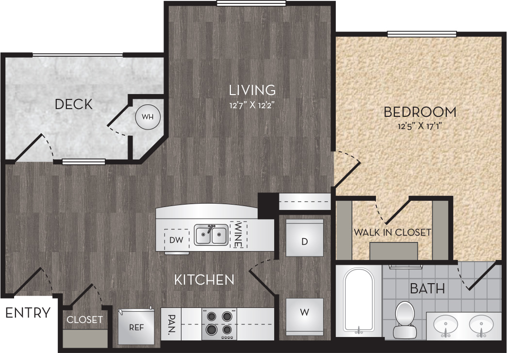 Plan A2 - 1 Bedroom, 1 Bath Floor Plan